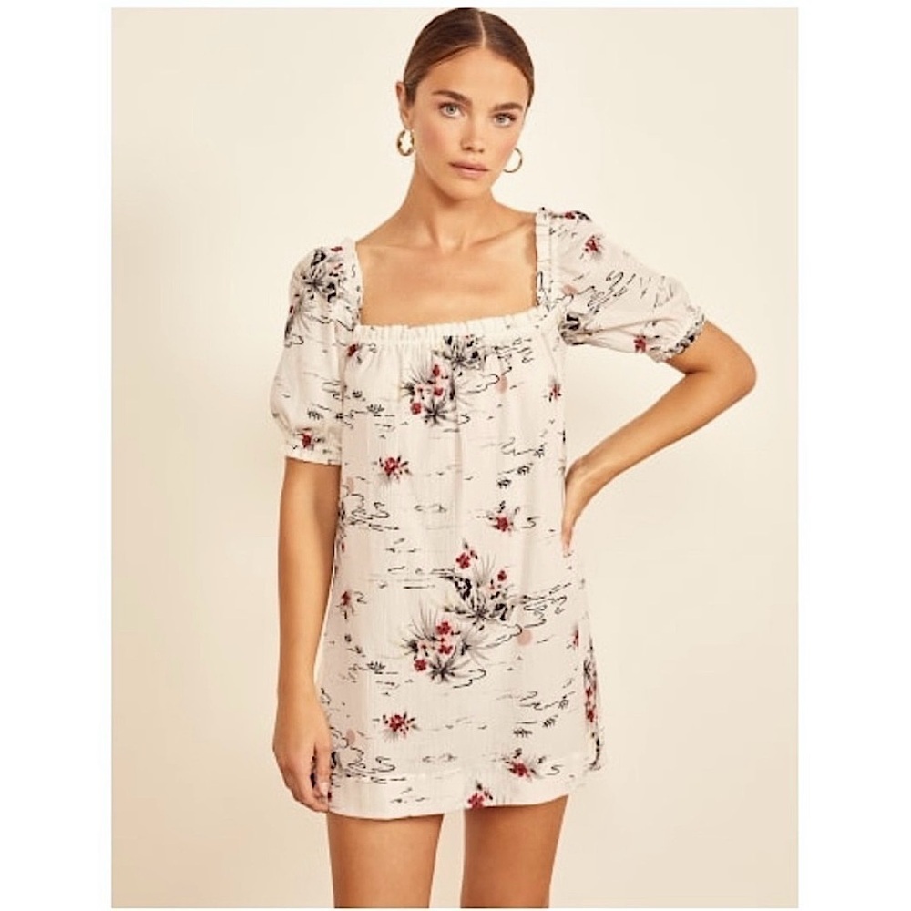 Reformation 90s Floral Organic Cotton Square Neck Puff Sleeve Babydoll Dress S